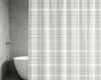 Cortina de ducha a cuadros verde salvia y gris / Cortina de baño moderna de poliéster estilo granja / Decoración de baño bohemia neutra