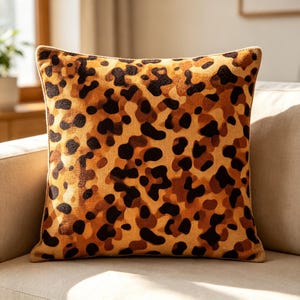May include: A square throw pillow featuring a prominent leopard print pattern. The design consists of irregular black and dark brown spots layered over a warm, golden-tan background. The fabric has a visible woven texture throughout the surface.