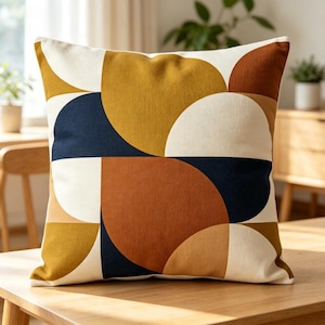 Può includere: Un cuscino quadrato con un motivo geometrico di cerchi e semicerchi sovrapposti nei toni del giallo senape, blu navy profondo, arancione terracotta e crema. Il tessuto presenta una trama intrecciata visibile su tutto il disegno.