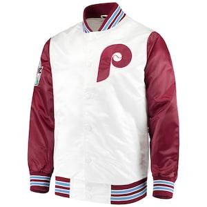 Philadelphia Phillies White Maroon Satin Letterman Jacket Varsity Jacket Custom Made Letterman Jackets Team Baseball Jackets Men Jackets