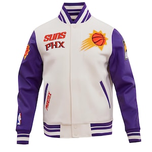 Phoenix Suns Varsity Jacket Off White Body Purple Leather Sleeves Jacket Custom Varsity Jackets Team Letterman Jackets Team Varsity Jackets