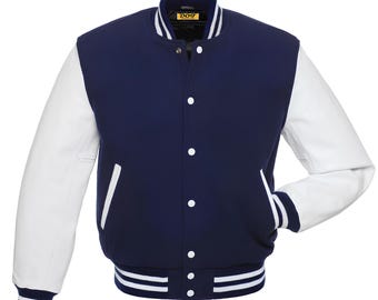 Königsblau Und Weiß Uni-Jacke Für Männer Wolle Letterman Bomber College