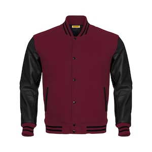 Baseball Jacket Varsity Jacket Mens Letterman Jacket Maroon Body and Black Leather Sleeves Custom Made Varsity Jackets Team Varsity Jackets