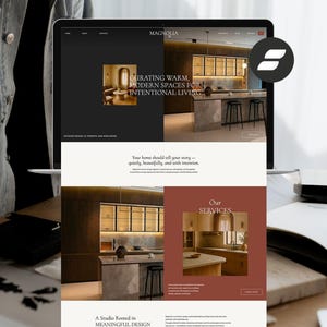 May include: A laptop screen shows the website of Magnolia, an interior design studio. The site showcases images of contemporary kitchens and text: "Curating warm, modern spaces for intentional living." The website also includes the text "Our Services."
