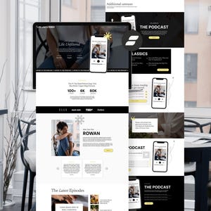 May include: A digital display featuring website and mobile phone mockups. The website displays "Life Unfiltered" and podcast information. The phone shows podcast content. The design is predominantly black and white with yellow highlights.