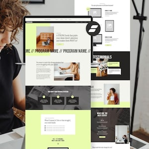 May include: A laptop screen displaying a website design with text and images. The website features sections with headings like "PROGRAM NAME" and "TESTIMONIALS." A person is visible on the left, holding a phone. The website design has a modern, clean aesthetic.