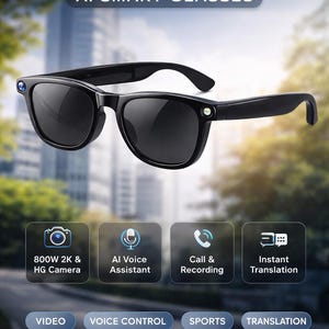 Może przedstawiać: Czarne okulary NovaView X800 AI z ciemnymi soczewkami. Okulary mają małe kamery i są oznaczone funkcjami, w tym 800W 2K & HG Camera, AI Voice Assistant, Call & Recording i Instant Translation.