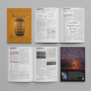 Puede incluir: Un libro abierto con artículos científicos y una portada de revista con el título "Science". La portada es amarilla con un dibujo de un jarrón. Otra página tiene el texto "scientific English can go fuck itself."