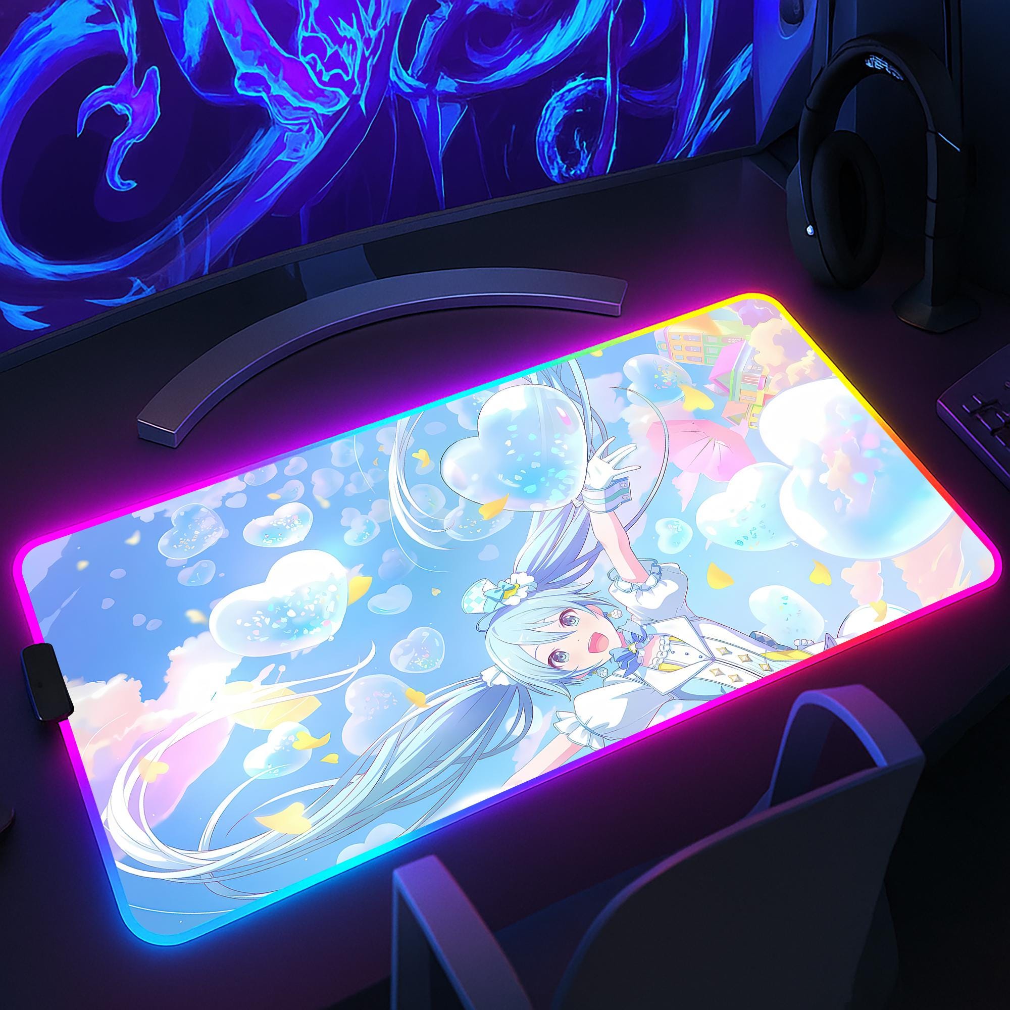 Kawaii RGB Anime Desk Mat - Hatsune Miku Gaming Desk Mat - Pastel Anime XXL LED Mouse Pad - Perfect Gift for Anime Lovers
