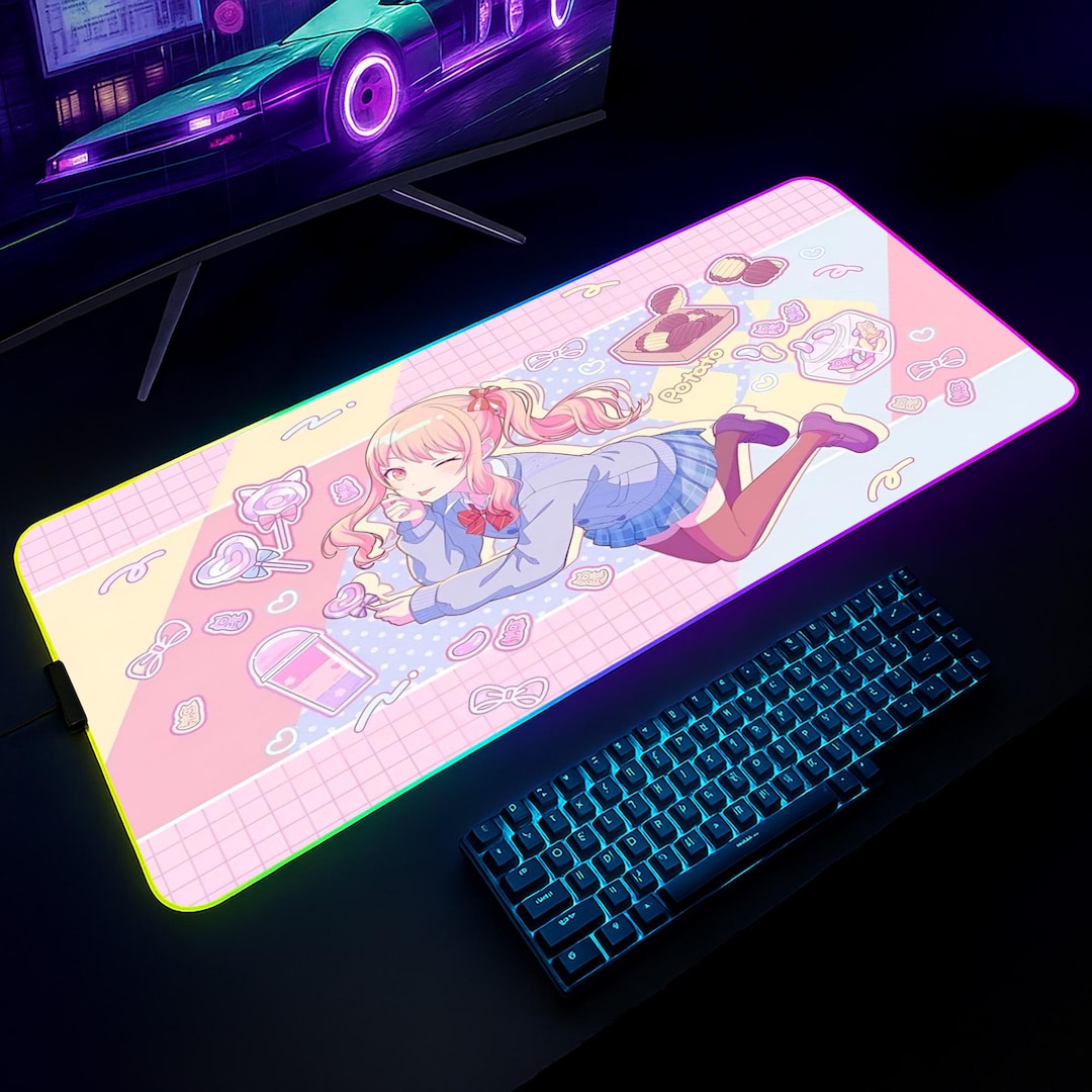 Pastel Anime Girl RGB Gaming Desk Mat - Kawaii Pink Gaming Desk Mat ...