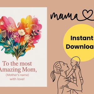 Cartão encantador para o Dia das Mães, presente perfeito para a mãe | Arte digital | Download instantâneo | Cartão comemorativo, Cartão floral, Cartão de amor
