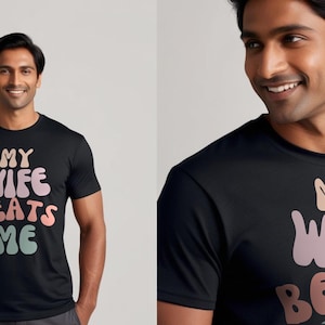 Camiseta "Mi esposa me pega" / Letras retro de burbujas / Regalo divertido para el esposo / Humor matrimonial / Regalo de aniversario