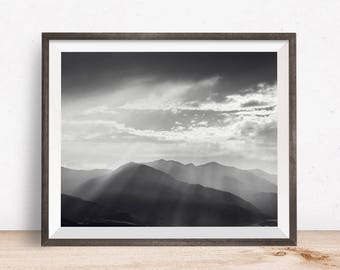 Mountain Landscape Photograph with Sun Rays in Black and White, Physical Print