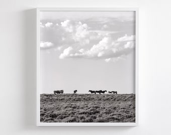 Skyline, Wild Horse Herd, Black and White Landscape and Animal Photograph, Vertical Print