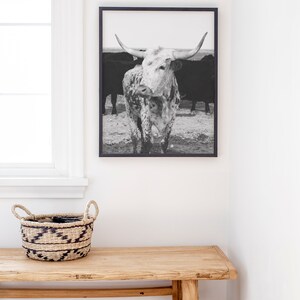 Black and White Longhorn Picture, Ranch Photography, Western Artist, Cow Print, Vertical