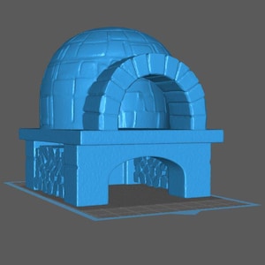 Può includere: Un forno per pizza in miniatura azzurro con una parte superiore a cupola e un'apertura ad arco. Il forno ha una base rettangolare con un'area di stoccaggio per i tronchi. Il design ricorda un tradizionale forno in mattoni.