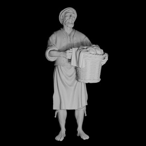 Può includere: Scultura in scala di grigi di un uomo in abiti storici, con un cesto pieno di pane. L'uomo indossa un cappello, una giacca e un grembiule, a piedi nudi. Il cesto è intrecciato e un panno è drappeggiato sul contenuto. Lo sfondo è nero.