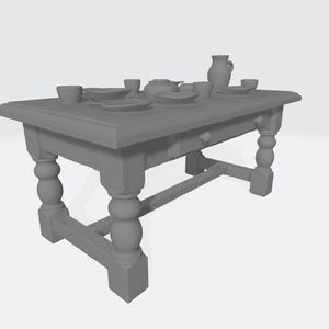 Puede incluir: Una mesa de comedor gris con una tapa rectangular y patas torneadas. La mesa está puesta con platos, tazas, una tetera y una jarra. La mesa mide aproximadamente 152 cm de largo y 91 cm de ancho.