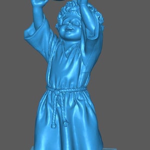 May include: A light blue statue of a child, sculpted in a playful pose, reaching upwards to catch a ball. The child wears a robe tied at the waist with a rope. The statue is on a gray surface.