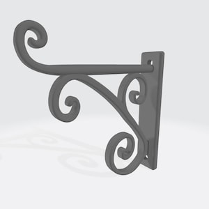 May include: A gray metal wall-mounted plant hanger with decorative scrollwork. The bracket features a horizontal bar for holding a pot and a vertical plate for mounting. The design includes elegant, swirling details.