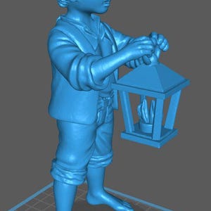 May include: A blue 3D-printed figurine of a young person holding a lantern. The figure is wearing a jacket, pants, and is barefoot. The lantern has a flame inside. The figurine is standing on a grid-like surface.