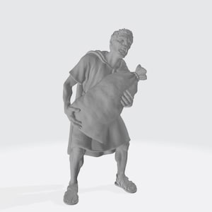 Op de afbeelding: Een grijswaardenbeeldhouwwerk van een persoon in oude Romeinse kledij, die een grote zak draagt. De figuur wordt afgebeeld met een gespannen uitdrukking, wat wijst op het gewicht van de zak. De persoon draagt sandalen en een tuniek.