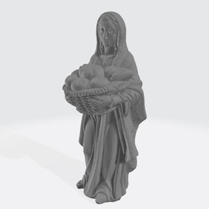 May include: A gray statue of a woman holding a basket filled with fruit. The woman is wearing a draped garment and a head covering. The statue is standing and has a serene expression.