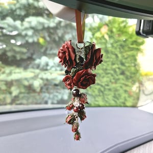Car Mirror Charm with Cascading Roses & Gemstones – Handmade Girly Car Accessories – Romantic Gift for Her, Drivers – Floral Car Decor