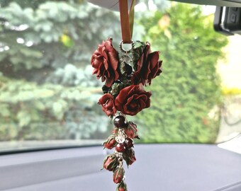 Rose Car Mirror Charm: Garnet, Crystal, Boho Car Accessories