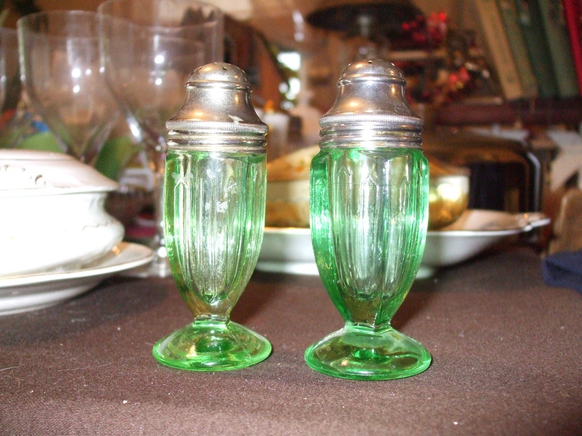 Vintage Green Glass Salt and Pepper Shakers Etsy