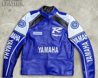Chaqueta de cuero Yamaha Racing: Chaqueta de motociclista de piel de vaca azul R1