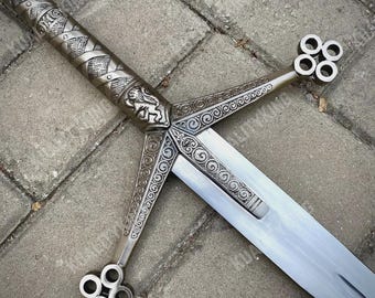 Handgjort skotskt Claymore-svärd: J2-stålreplika med läderslida