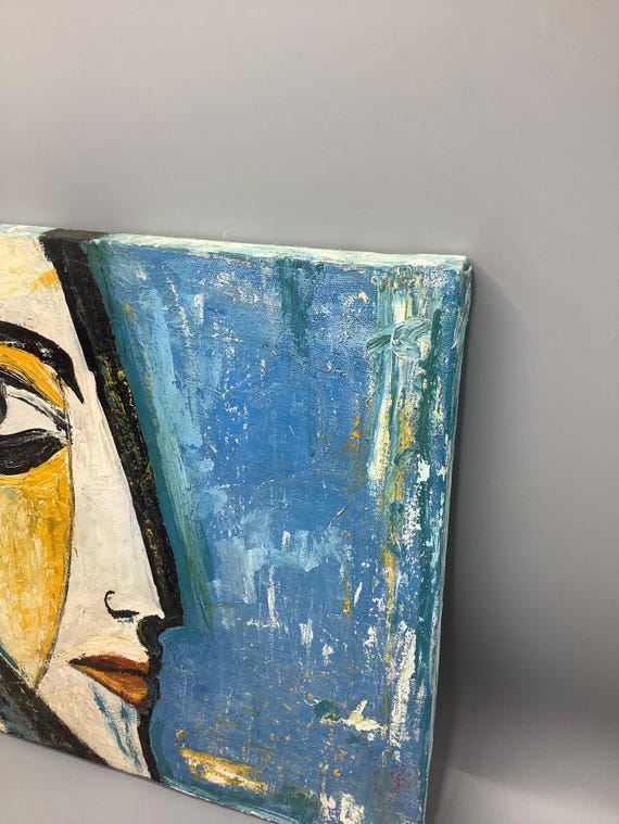 Original Abstract Face Painting | Modern Cubist Portrait | Textured Oil on Canvas | Blue Gold Wall Art | One of a Kind