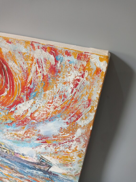 Original Textured Oil Painting Boat at Sea | Abstract Sunset Seascape Wall Art