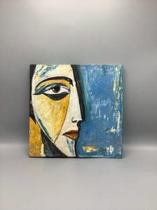 Original Abstract Face Painting | Modern Cubist Portrait | Textured Oil on Canvas | Blue Gold Wall Art | One of a Kind — view 3 of 7