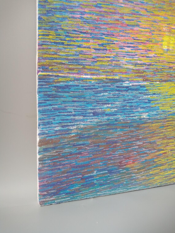 Original Oil Painting, Abstract Ocean Light 14'x14', Colorful Seascape Wall Art, Contemporary Blue Pink Yellow Artwork