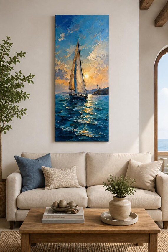 Sailboat Seascape Giclee Canvas Print, Nautical Coastal Ocean Wall Art (Limited Edition)