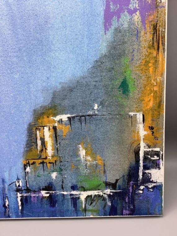 Original Abstract Cityscape Painting, Blue Acrylic on Canvas, Modern Urban Art (18x24 Inch)