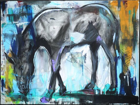 Original Abstract Horse Painting, Acrylic Animal Wall Art, 36x48 Canvas, One of a kind