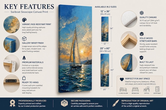 Sailboat Seascape Giclee Canvas Print, Nautical Coastal Ocean Wall Art (Limited Edition)