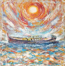 Original Textured Oil Painting Boat at Sea | Abstract Sunset Seascape Wall Art