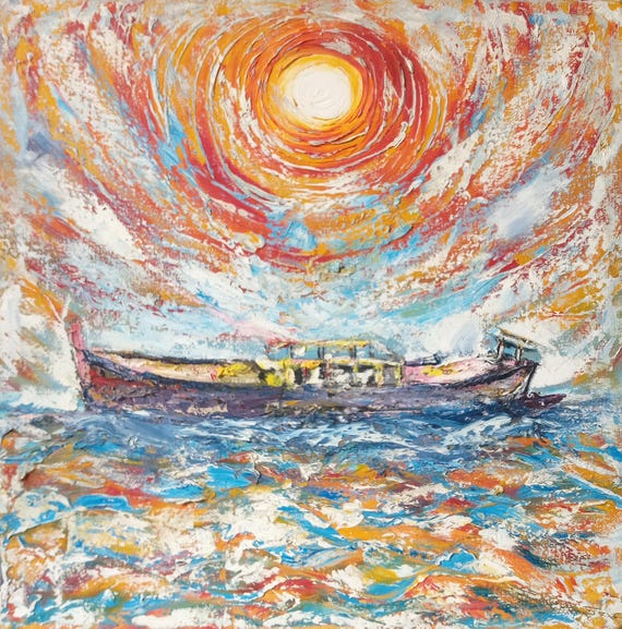 Original Textured Oil Painting Boat at Sea | Abstract Sunset Seascape Wall Art