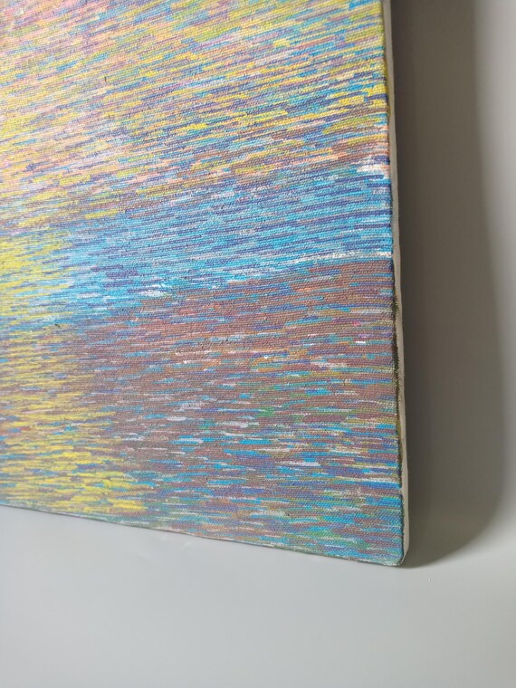 Original Oil Painting, Abstract Ocean Light 14'x14', Colorful Seascape Wall Art, Contemporary Blue Pink Yellow Artwork