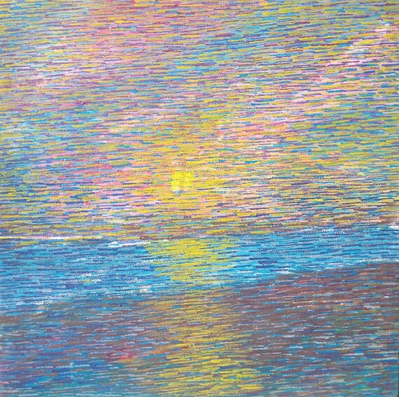 Original Oil Painting, Abstract Ocean Light 14'x14', Colorful Seascape Wall Art, Contemporary Blue Pink Yellow Artwork