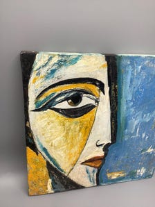 Original Abstract Face Painting | Modern Cubist Portrait | Textured Oil on Canvas | Blue Gold Wall Art | One of a Kind — view 7 of 7