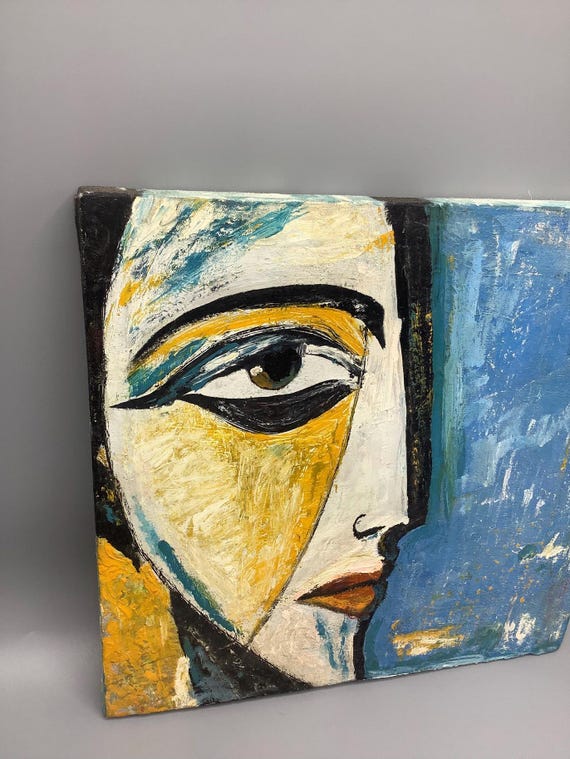 Original Abstract Face Painting | Modern Cubist Portrait | Textured Oil on Canvas | Blue Gold Wall Art | One of a Kind