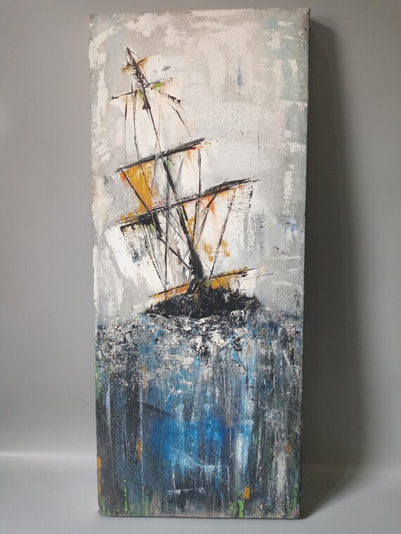 Original Oil Painting Ship at Sea | Textured Abstract Storm Seascape Wall Art