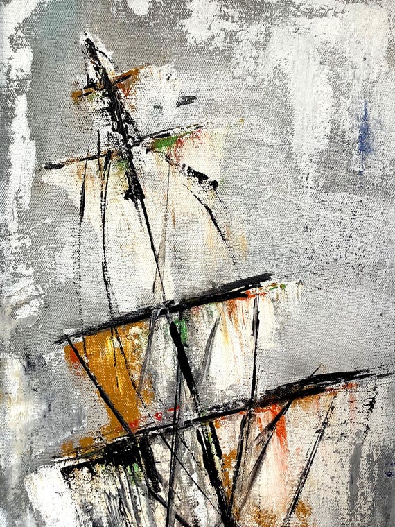 Original Oil Painting Ship at Sea | Textured Abstract Storm Seascape Wall Art