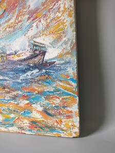 Original Textured Oil Painting Boat at Sea | Abstract Sunset Seascape Wall Art — view 4 of 7