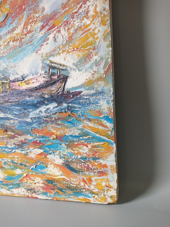 Original Textured Oil Painting Boat at Sea | Abstract Sunset Seascape Wall Art
